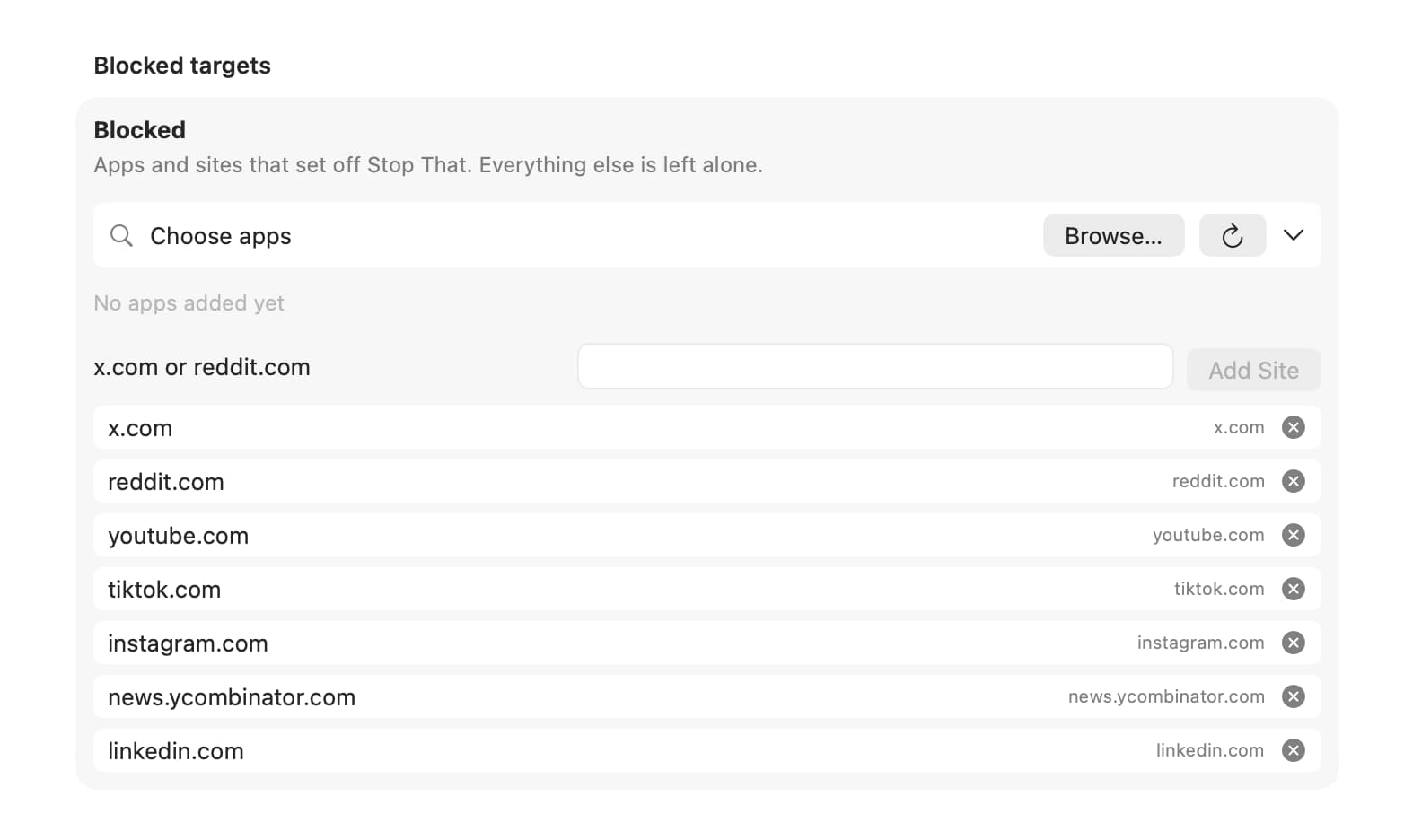 Stop That's Blocked targets settings, listing blocked sites like x.com, reddit.com, youtube.com and tiktok.com